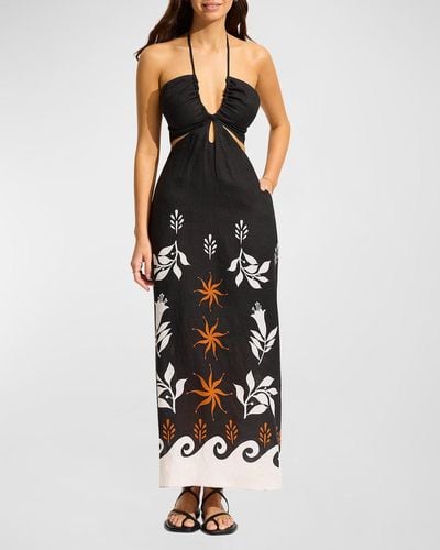 Seafolly La Palma Cutout Linen Midi Dress - Black