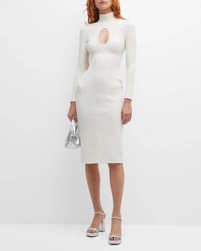 Halpern Turtleneck Cutout Rib Midi Dress - White