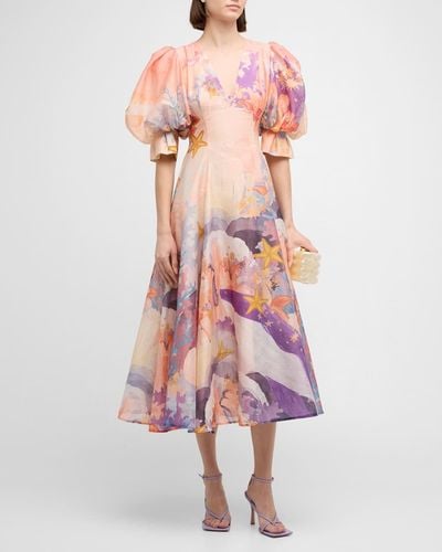 LEO LIN Lara Puff-sleeve Coral-print Maxi Dress - Pink