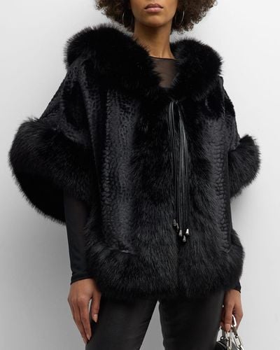 Kelli Kouri Hooded Faux Fur Poncho With Leather Strings - Black