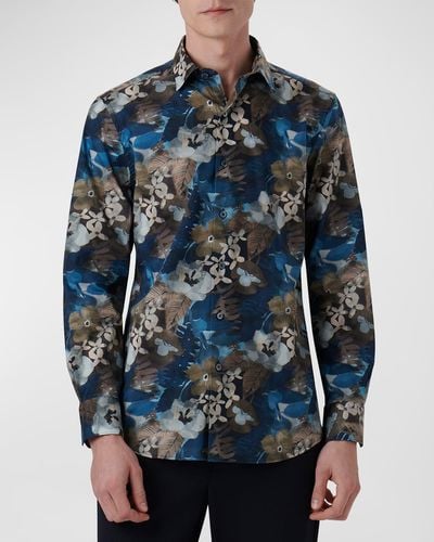Bugatchi Shaped Floral-Print Sport Shirt - Blue