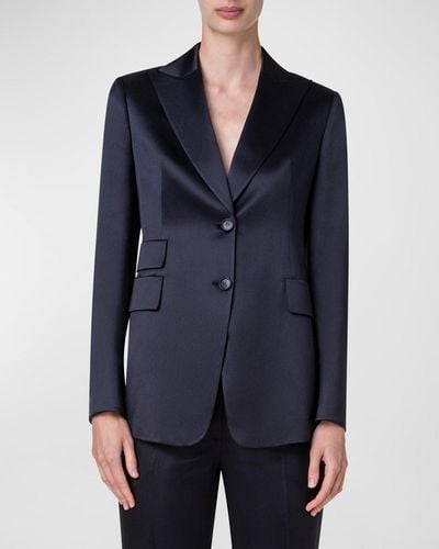 Akris Persival Silk Single-Breasted Blazer Jacket - Blue