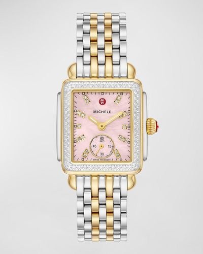 Michele 29Mm Deco Mid Diamond Two-Tone Bracelet Watch - White