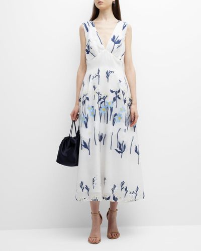Lela Rose Floral-Embroidered Wool Dress - White