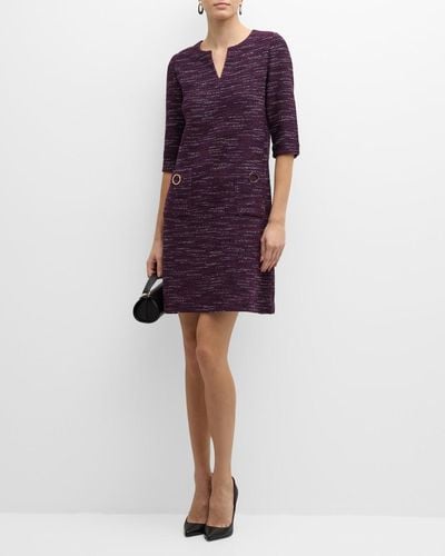 Misook Split-neck Tweed Shift Dress - Purple