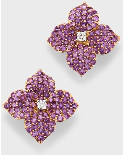 Piranesi 18K And Rose Pave Amethyst Small Flower Stud Earrings With Round Diamonds - Pink