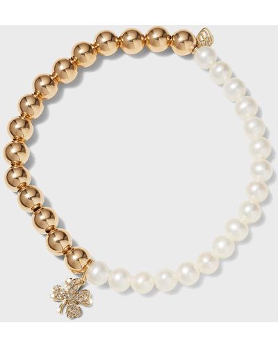 Sydney Evan 6Mm Duo Pearl Bracelet With Pave Four-Leaf Clover - White