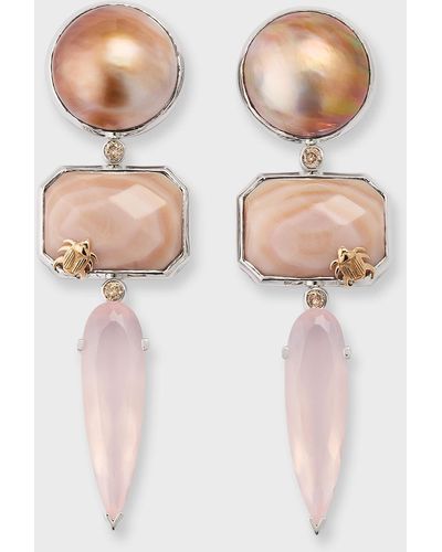 Stephen Dweck Pearl Conch Rose Quartz And Champagne Diamond Earrings - Natural