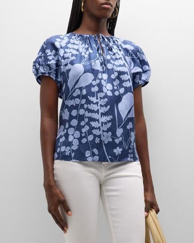 Lafayette 148 New York Pleated Floral-print Puff-sleeve Blouse - Blue