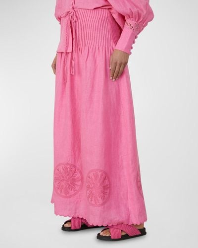 Joslin Studio Vanessa Embroidered Pintuck Linen Maxi Skirt - Pink