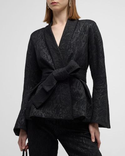 Natori Belted Metallic Jacquard Peplum Jacket - Black