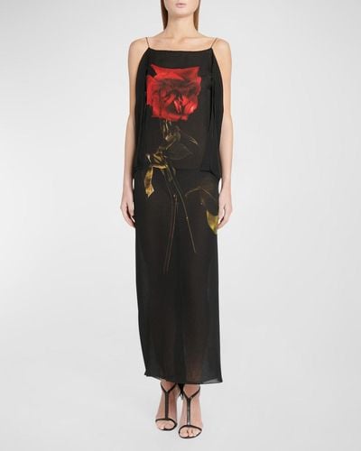 Alexander McQueen Chiffon Shadow Maxi Dress With Rose Print Detail - Black
