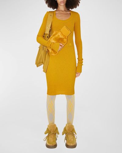 Burberry Wool Rib-Knit Long-Sleeve Dress - Yellow