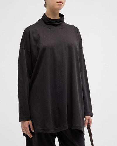 Eskandar A-Line Long-Sleeve Scrunch Neck Cashmere Top (Long Length) - Black