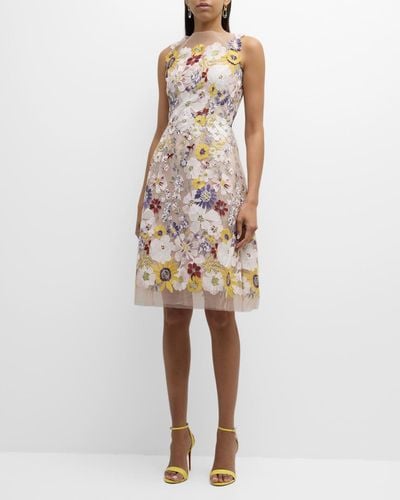 Teri Jon Sleeveless Floral-Embroidered Tulle Midi Dress - Natural