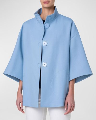 Akris Punto Wool Tricotine Button-Front Carcoat - Blue