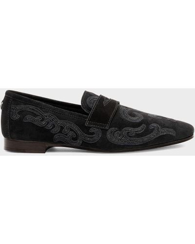 Bougeotte Flaneur Embroidered Suede Penny Loafers - Black