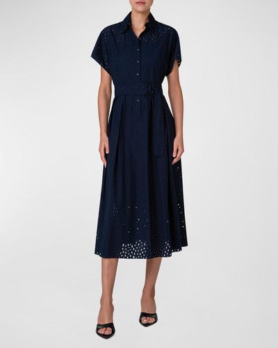 Akris Punto Lasercut Grid Cotton Popeline Dress With Belt - Blue