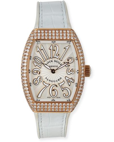 Franck Muller Lady Vanguard 32mm 18k Rose Gold Diamond-bezel Watch W/ Alligator Strap, White - Metallic