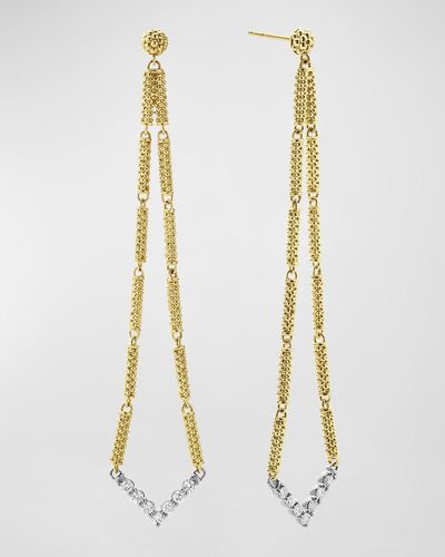 Lagos 18k Gold Superfine Caviar Beading And Diamond Chevron-shape Drop Earrings - White