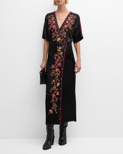 Johnny Was Lilith Floral-Embroidered Wrap Dress - Black