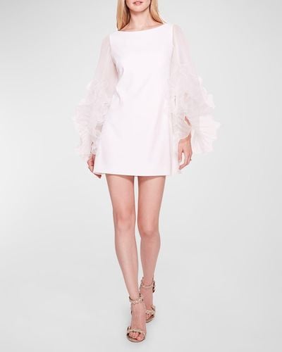Marchesa Sheer Pleated Long-Sleeve Mini Dress - White