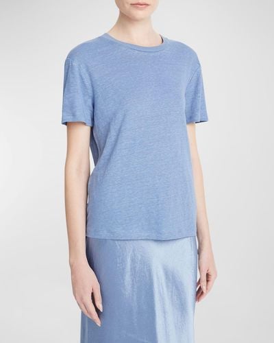 Vince Drop-Shoulder Linen Crewneck Short-Sleeve T-Shirt - Blue