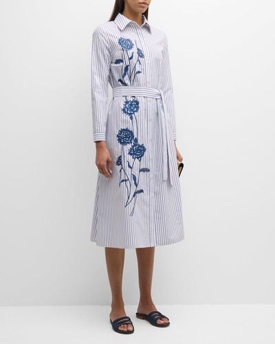 Misook Striped Floral-Embroidered Midi Shirtdress - White