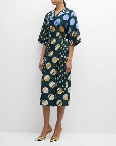 St. John Collage Dot 3/4-Sleeve Midi Wrap Dress - Green