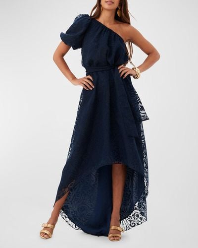 Trina Turk Afloat One-Shoulder High-Low Maxi Dress - Blue