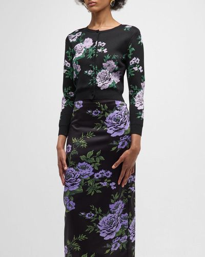 Carolina Herrera Floral Silk Knit Crewneck Crop Cardigan - Black