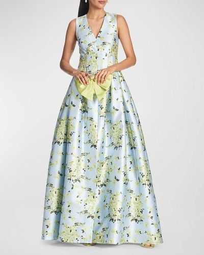 Sachin & Babi Brooke Pleated Floral-Print A-Line Gown - Blue