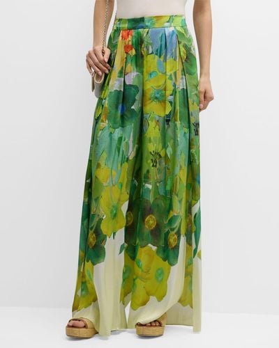 Kobi Halperin Alessia Pleated Side-Slit Floral-Print Pants - Green