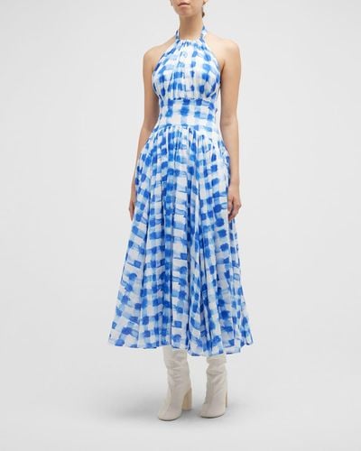Rosie Assoulin In The Name Of Love Check-Print Halter Midi Dress - Blue