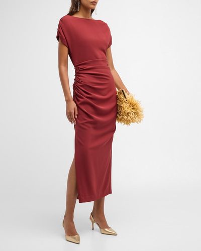 Lela Rose High-Neck Short-Sleeve Ruched Midi Dress - Red