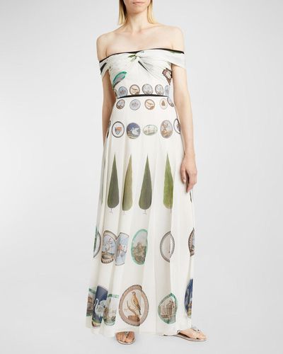 Giambattista Valli Mosaic-Print Twisted Off-The-Shoulder Pleated Maxi Dress - White