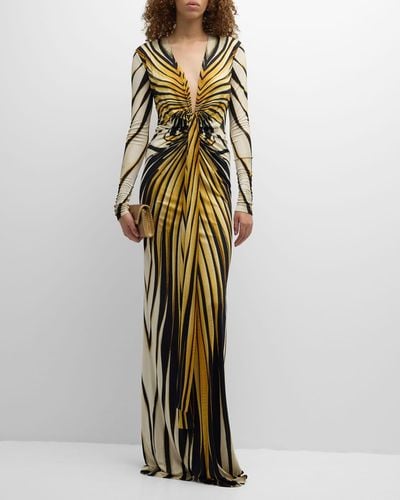 Roberto Cavalli Long Printed Knot-Front Gown - Multicolor