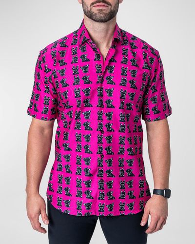 Maceoo Galileo Dog-Print Sport Shirt - Pink