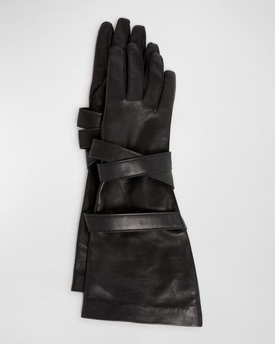 Saint Laurent Aviator Strappy Leather Gloves - Black