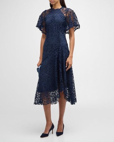 Teri Jon Asymmetric A-Line Floral Lace Midi Dress - Blue