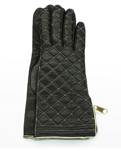 Portolano Diamond Quilted Cashmere-lined Zip Gloves - Black