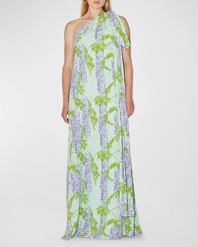 BERNADETTE Gala One-Shoulder Wisteria Printed Maxi Dress With Bow Detail - Green