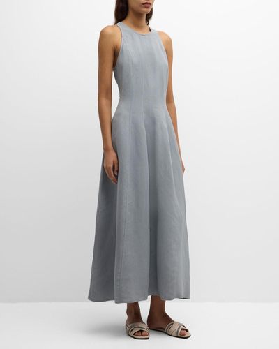 Brunello Cucinelli Sleeveless Fluid Linen Structured Midi Dress - Gray