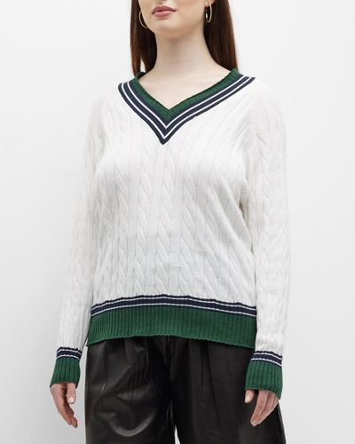 Minnie Rose Plus Striped-Trim Cable-Knit Sweater - White