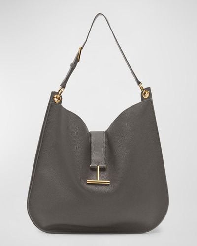 Tom Ford Tara Large Hobo Crossbody In Grained Leather - Gray