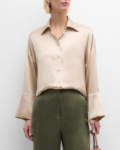 Eleventy Drop-Shoulder Button-Down Silk Shirt - Natural