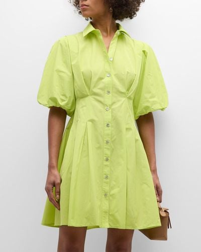 Finley Avery Pleated Puff-Sleeve Taffeta Mini Dress - Green