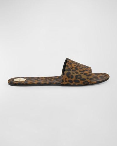 Saint Laurent Carlyle Leopard Flat Slide Sandals - Brown