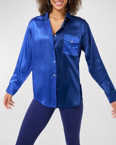 Terez Colorblock Satin Button-Front Shirt - Blue