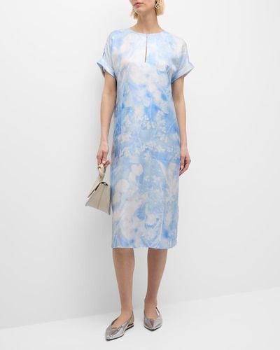 Lafayette 148 New York Dolman-Sleeve Eco Flora-Print Twill Midi Dress - Blue